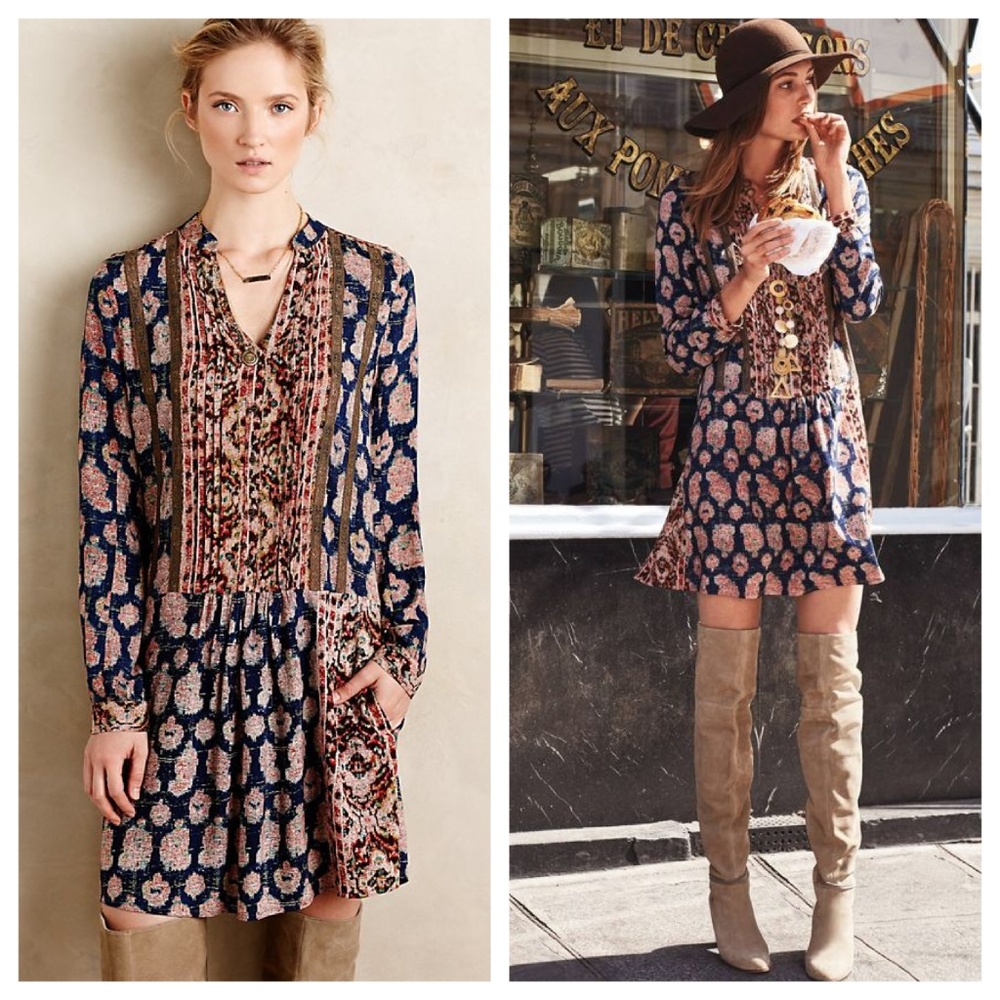 Anthropologie Navy Blue Floral Long-Sleeve Mini Dress